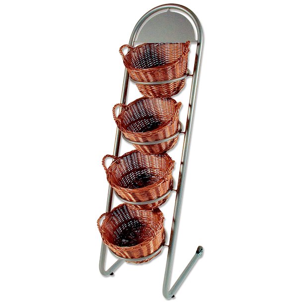 Clothes rack with 4 round woven baskets and logo plate