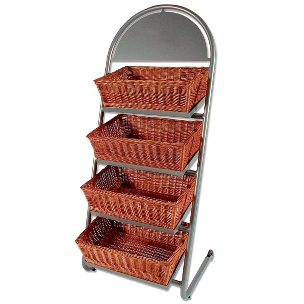 Basket stand with 4 rectangular woven baskets and logo plate