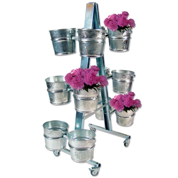 Two-sided flower stand with 12 zinc buckets and 4 wheels