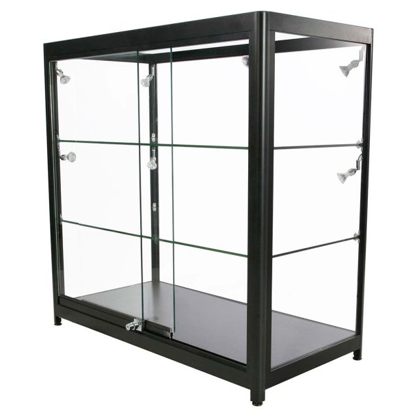 Glass cabinet - Wide, low glass cabinet with lock, light and wheels - Black