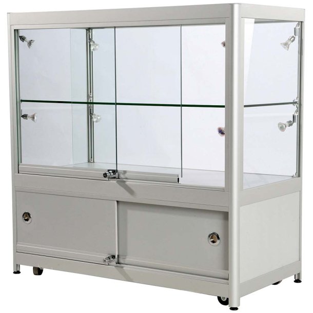 Showcase Counter Duo, silver, with base cabinet and LED spots