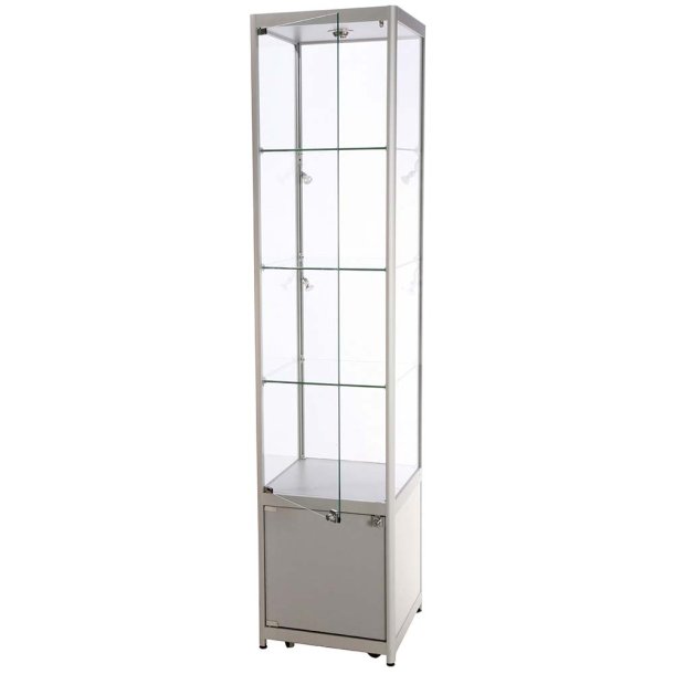 Tall, narrow glass display case with silver base