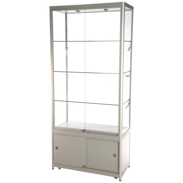 Showcase Tower Duo, silver, with base cabinet and LED spots