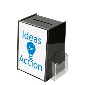 Tip Box Black med A4-info och M65-broschyrhllare, akryl