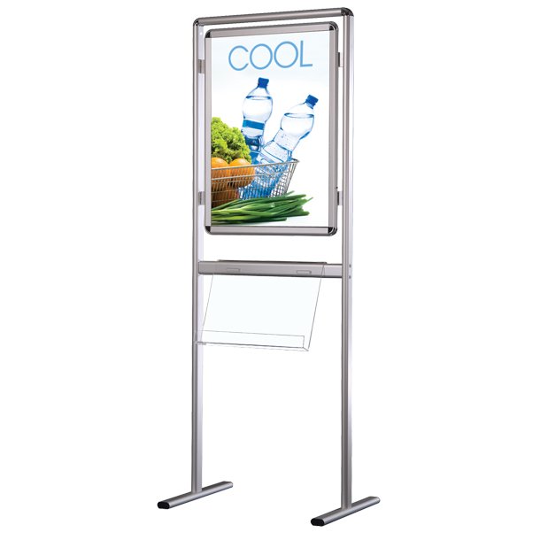 Brochure stand with information board and brochure shelf