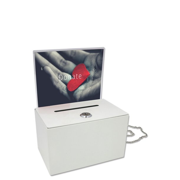 Donationsbox, vit insamlingsbox med A5-information