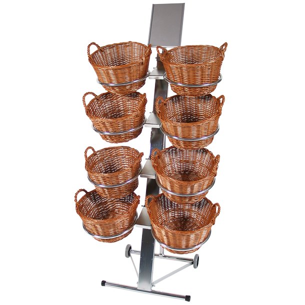 Display stand with 8 round woven baskets and price tag