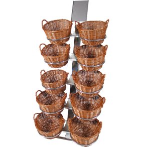 Kurvig ställ med 10 runda vävda korgar och skylthllare