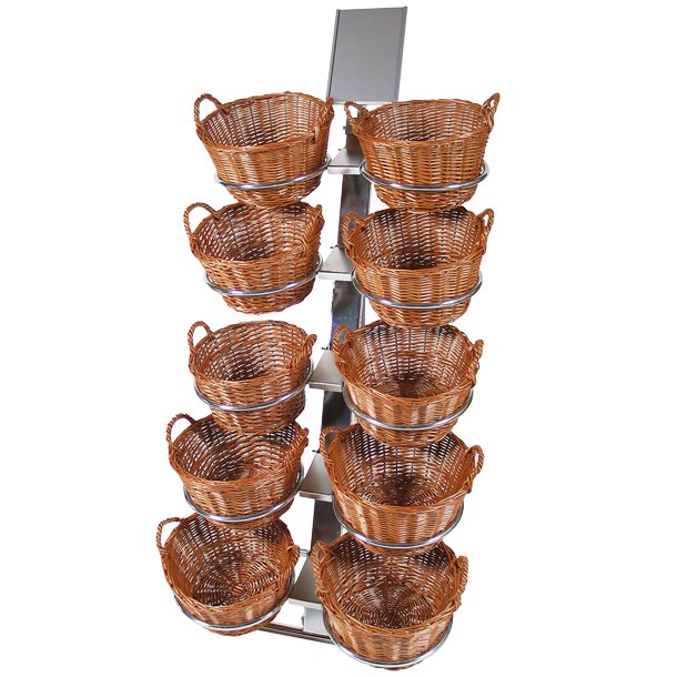 Curved stand with 10 round woven baskets and sign holder