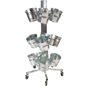 Runt blomstervagn med 12 zinkhinkar och 5 hjul