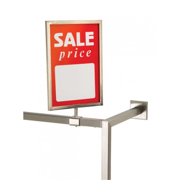 A4 sign frame with holder for 25 mm square tube, Brushed satin chrome