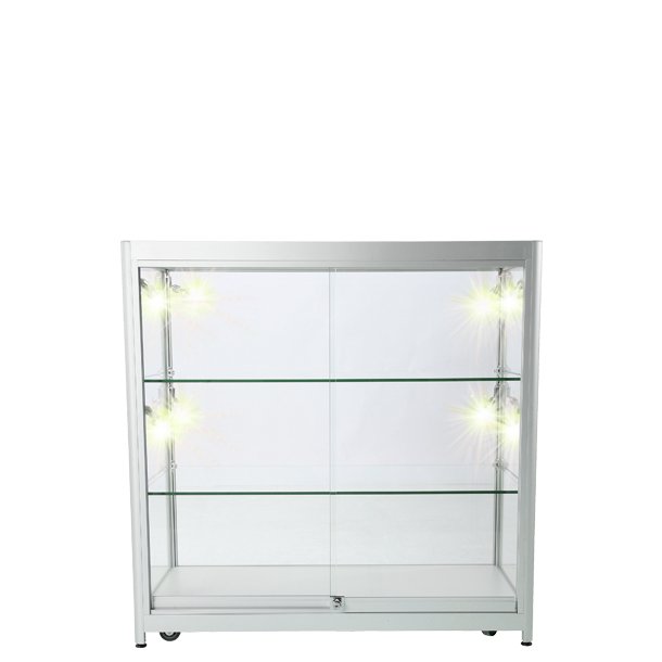 Glass cabinet - Wide, low yellow display case with lock, light and wheels - Silver