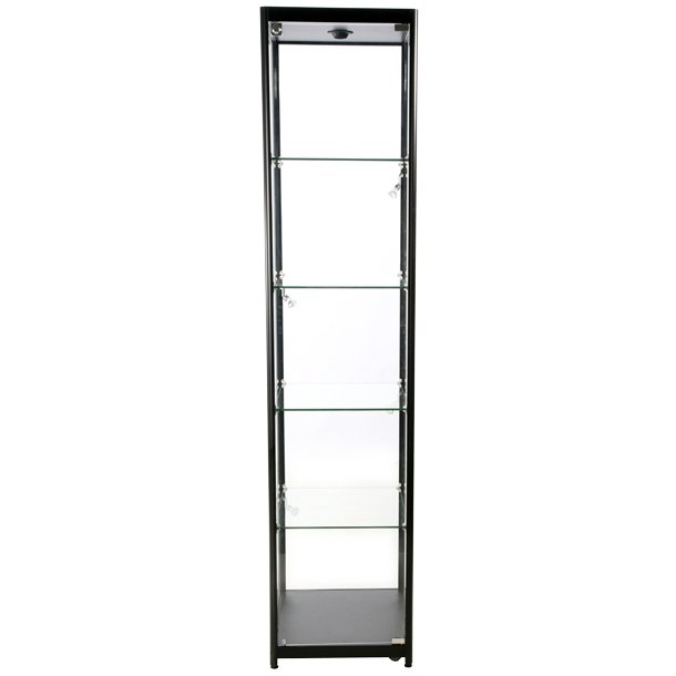 Tall, narrow black glass display case