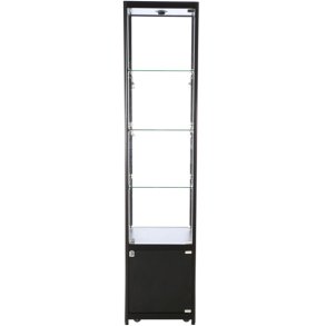 Tall, narrow glass display case with black base