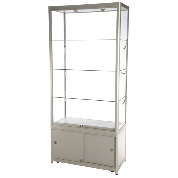 High, wide glass display case with silver base