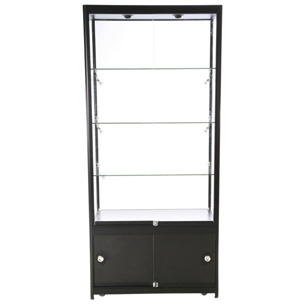 High, wide glass display case with base cabinet - Black