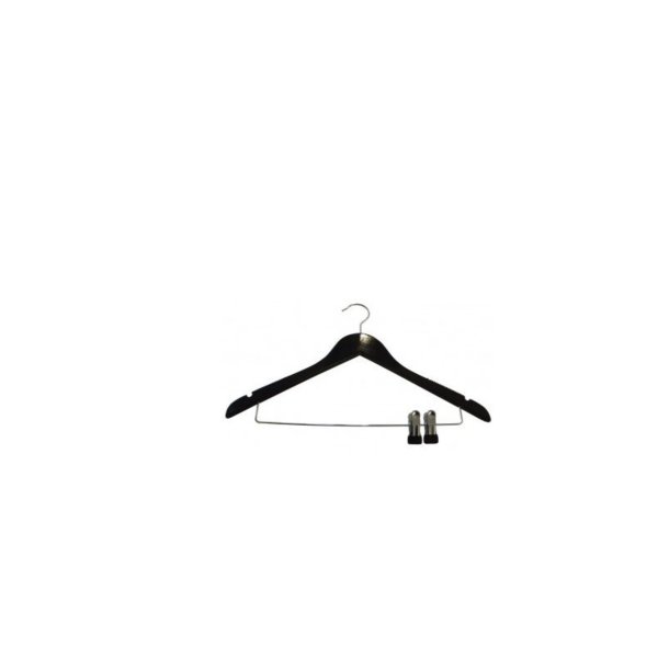 Wooden hanger, solid, flat, adult, with rubber and clip with clamps, shiny, black 12mm thick, 45 cm