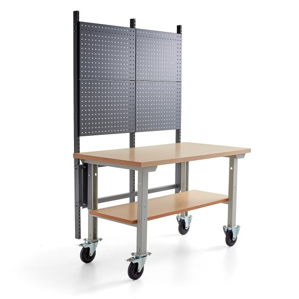 Komplet mobilt arbejdsbord ROBUST, vrktjspanel, bundhylde, 1500x800 mm, hrdet bordplade