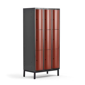 Omkldningsskab CURVE, benstel, 3 sektioner, 9 rum, 1940x900x550 mm, vinrd