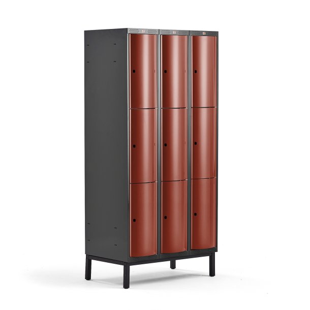 Omkldningsskab CURVE, benstel, 3 sektioner, 9 rum, 1940x900x550 mm, vinrd