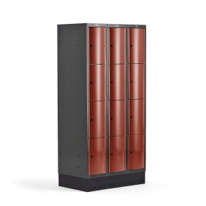 Omkldningsskab CURVE, sokkel, 3 sektioner, 12 rum, 1890x900x550 mm, vinrd