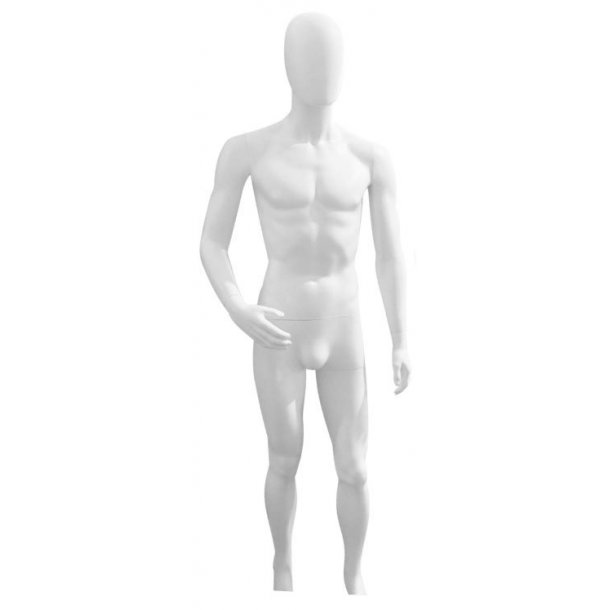 Male mannequin with head without facial features - bent arm - white