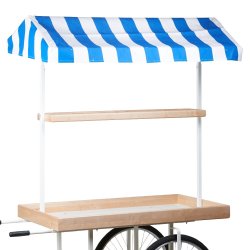 Marknadsvagn med bl/vit randig markis - naturliga hyllor