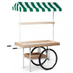 Marknadsvagn med gr&ouml;n/vit randig markis - naturliga hyllor