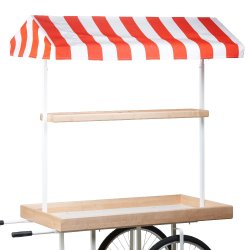 Marknadsvagn med r&ouml;d/vit randig markis - naturliga hyllor