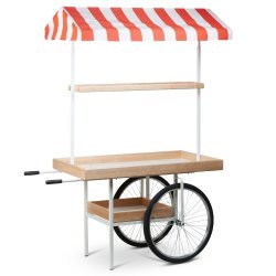 Marknadsvagn med r&ouml;d/vit randig markis - naturliga hyllor