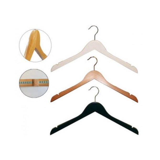 Flat wooden hangers in black, white, and natural with rubber and notch 50 pcs