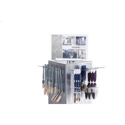 Triangular sales display with perforated plate.