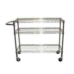 Steel shelf on wheels: TUBO rolling cart in chrome-plated steel, H100 x W107 x 36 cm deep with 3 shelves